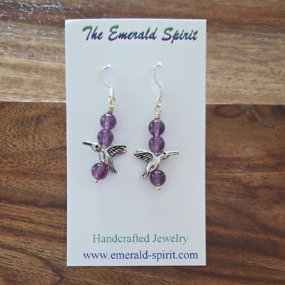 Amethyst Beads and Silver Hummingbird Earrings